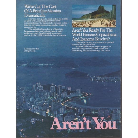 Pan Am Rio de Janeiro Brazil Tourism Copacabana Ipanema Centerfold Print Ad 1983